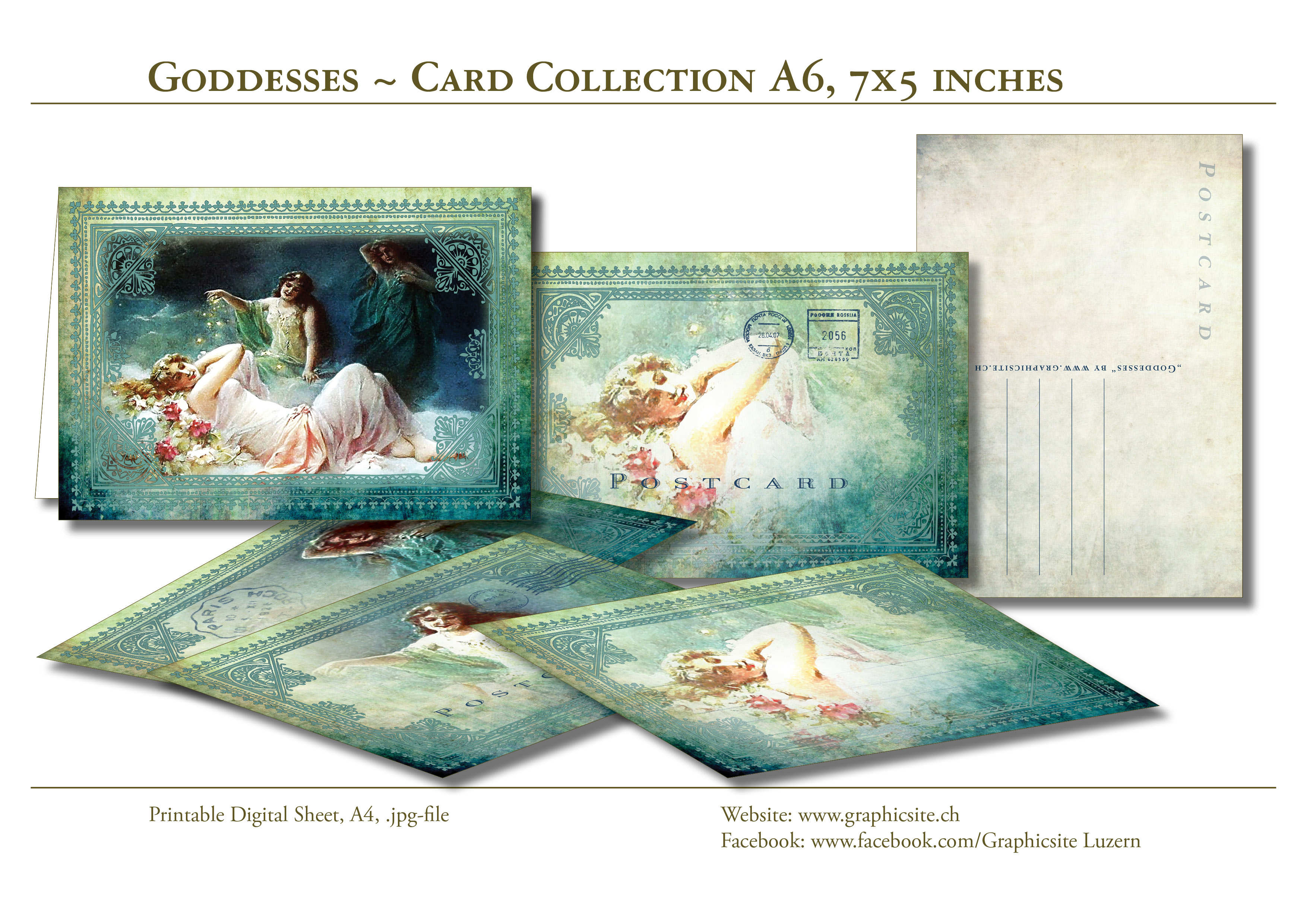 Printable Digital Sheets - Card Collection A6 - Goddesses - Vintage, Ornamental, Greeting Cards, Postcards, Envelop, Graphic Design Luzern, 